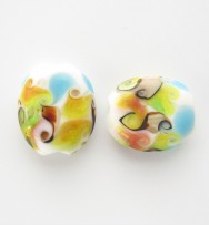 Lampwork 18mm Flat Oval Beads ~ White Blue