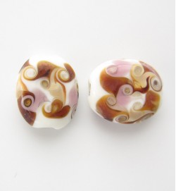 Lampwork 18mm Flat Oval Beads ~ White Pink