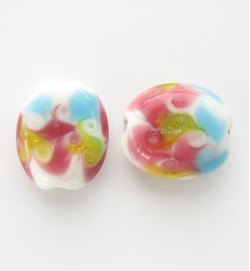 Lampwork 18mm Flat Oval Beads ~ White Red