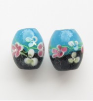 Lampwork 15mm Floral Oval Glass Beads ~ Black Blue