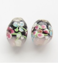 Lampwork 15mm Floral Oval Glass Beads ~ Black Pink