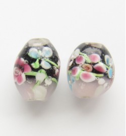 Lampwork 15mm Floral Oval Glass Beads ~ Black Pink