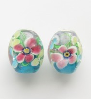 Lampwork 15mm Floral Oval Glass Beads ~ Blue Pink