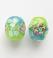Lampwork 15mm Floral Oval Glass Beads ~ Green Blue