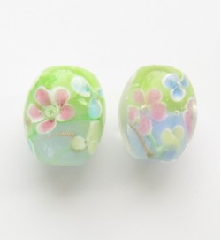 Lampwork 15mm Floral Oval Glass Beads ~ Green Light Blue