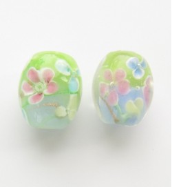 Lampwork 15mm Floral Oval Glass Beads ~ Green Light Blue