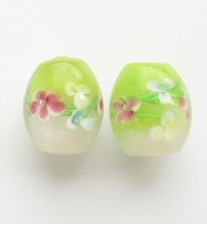 Lampwork 15mm Floral Oval Glass Beads ~ Green Pink