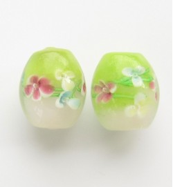 Lampwork 15mm Floral Oval Glass Beads ~ Green Pink