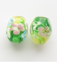 Lampwork 15mm Floral Oval Glass Beads ~ Green Yellow