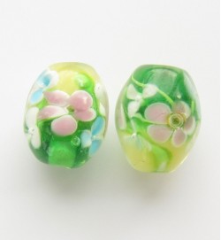 Lampwork 15mm Floral Oval Glass Beads ~ Green Yellow