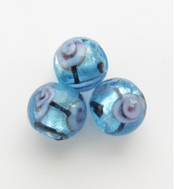 Silver Foil Beads 8mm With Stripe & Roses ~ Blue