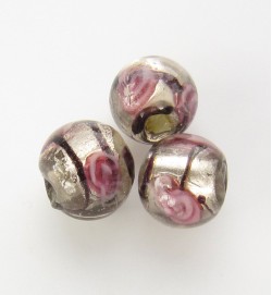 Silver Foil Beads 8mm With Stripe & Roses ~ Grey