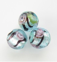 Silver Foil Beads 8mm With Stripe & Roses ~ Light Blue