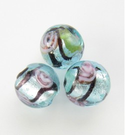 Silver Foil Beads 8mm With Stripe & Roses ~ Light Blue