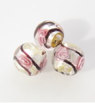 Silver Foil Beads 8mm With Stripe & Roses ~ White