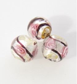 Silver Foil Beads 8mm With Stripe & Roses ~ White